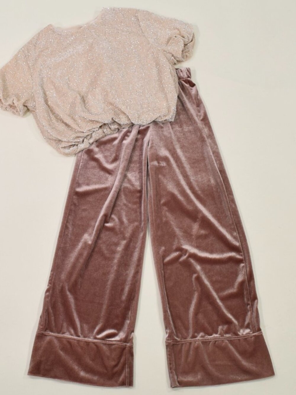 Zara Kids Shirt + Wide-Leg Velvet Pants 2-Piece Dressy Outfit Beaded Bubble Top
